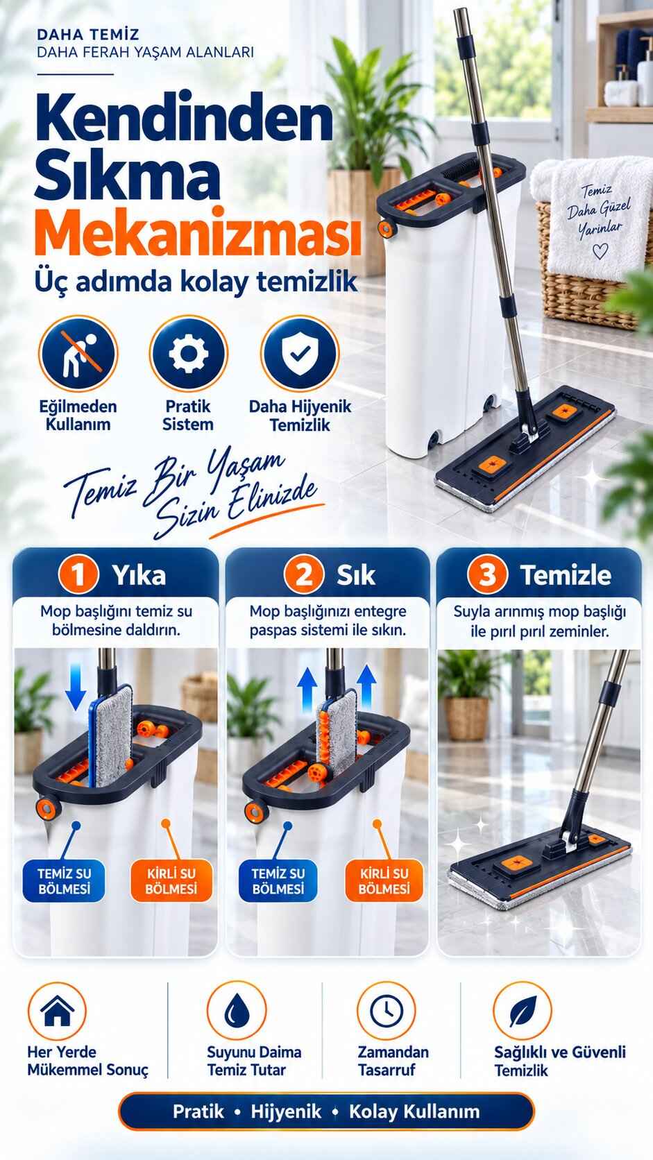Temiz su ve kirli su bölmeli akıllı kova